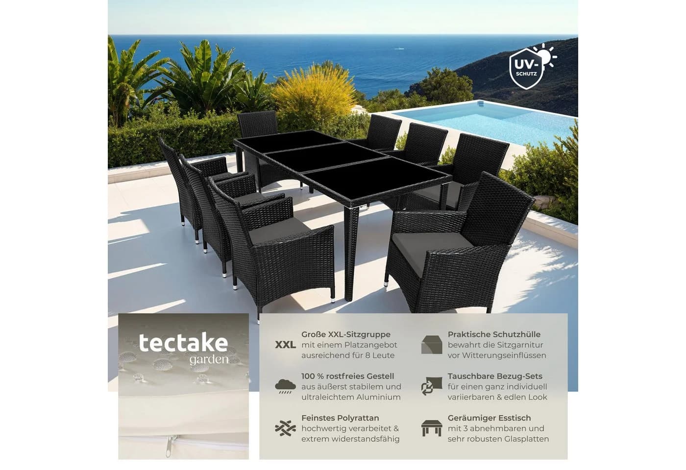 tectake Gartenlounge Set 9-tlg. Schwarz Aluminium Polyrattan mit Glas