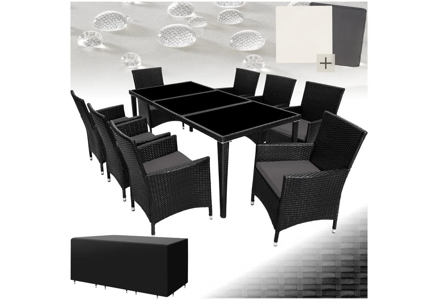 tectake Gartenlounge Set 9-tlg. Schwarz Aluminium Polyrattan mit Glas - Bild 2