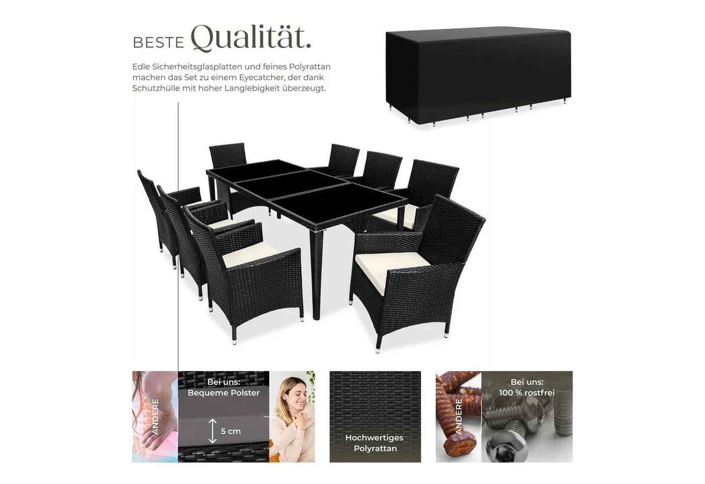 tectake Gartenlounge Set 9-tlg. Schwarz Aluminium Polyrattan mit Glas - Bild 3