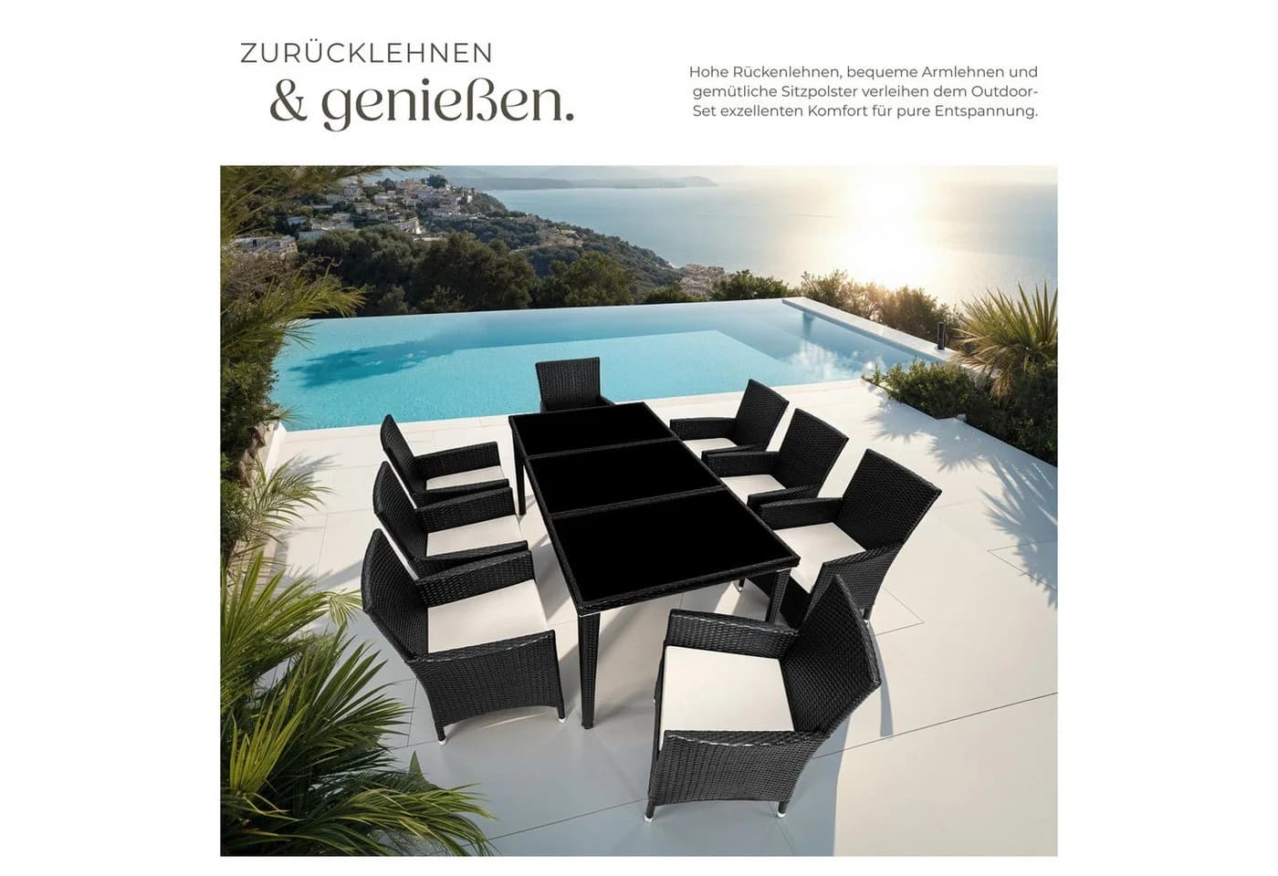 tectake Gartenlounge Set 9-tlg. Schwarz Aluminium Polyrattan mit Glas - Bild 4