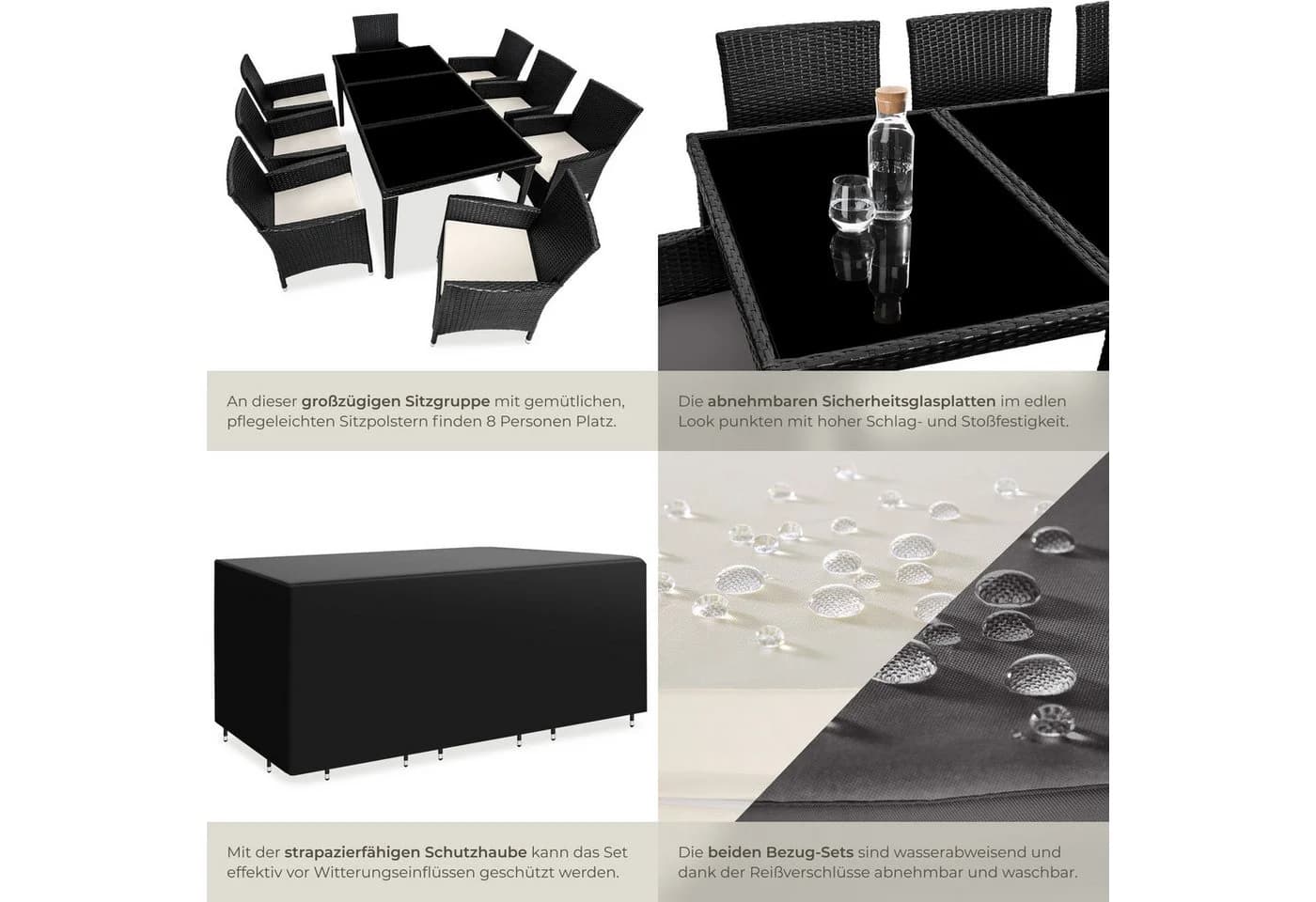 tectake Gartenlounge Set 9-tlg. Schwarz Aluminium Polyrattan mit Glas - Bild 5