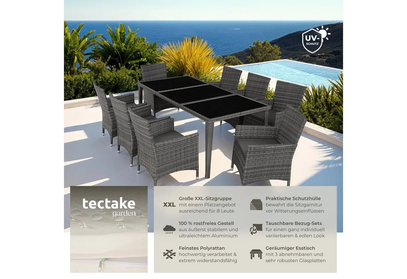 tectake Gartenlounge Menorca 9-tlg. Grau Aluminium Polyrattan mit Glas