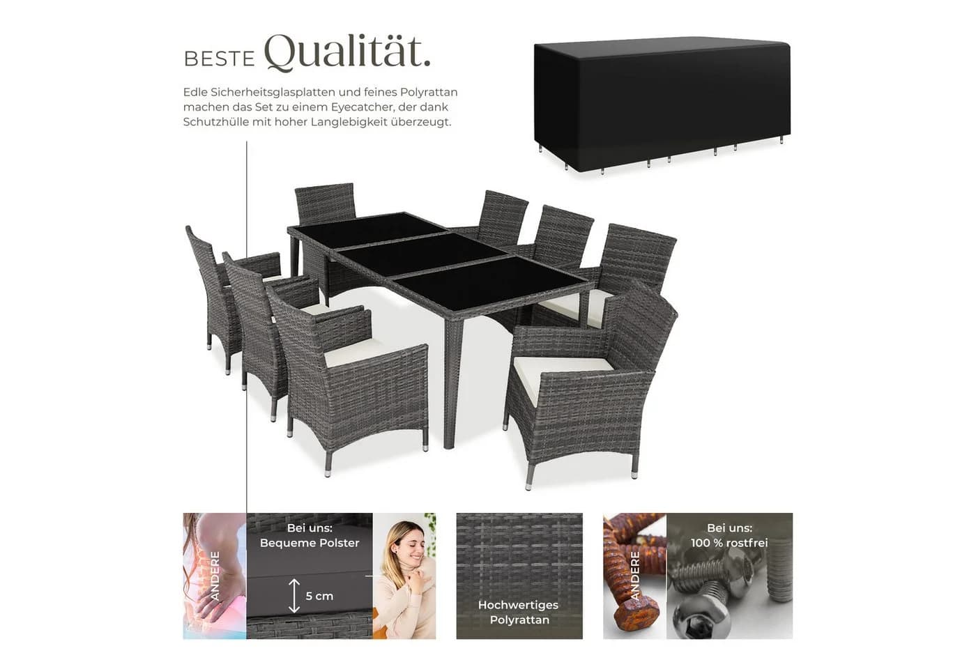 tectake Gartenlounge Menorca 9-tlg. Grau Aluminium Polyrattan mit Glas - Bild 3