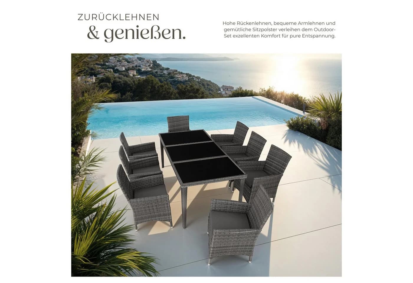 tectake Gartenlounge Menorca 9-tlg. Grau Aluminium Polyrattan mit Glas - Bild 4