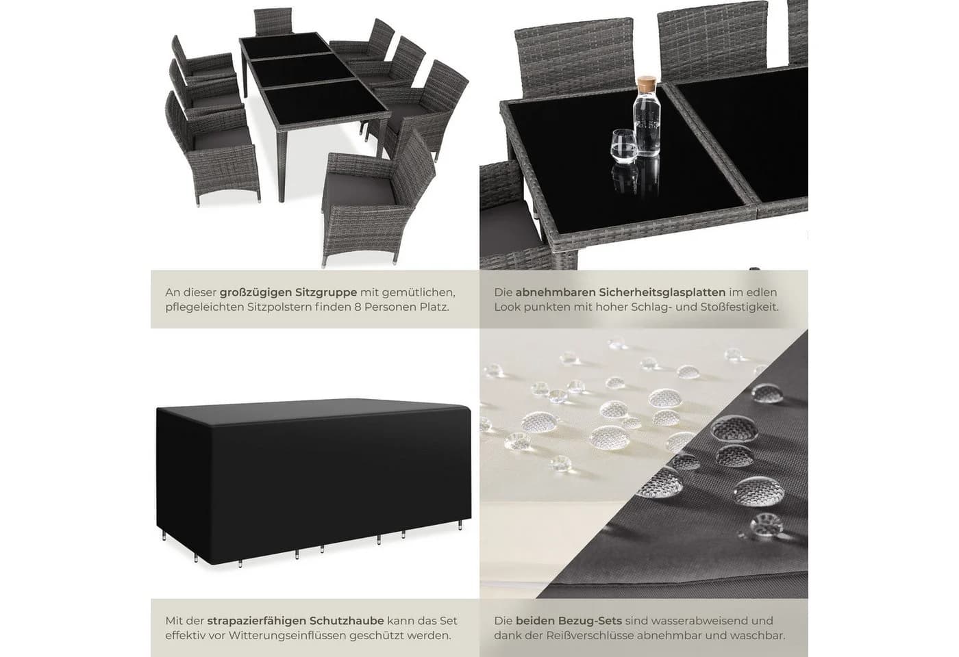 tectake Gartenlounge Menorca 9-tlg. Grau Aluminium Polyrattan mit Glas - Bild 5