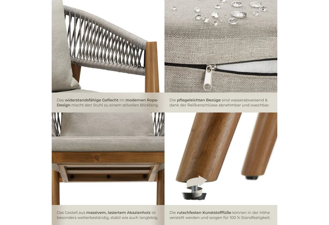 TECTAKE Gartenstuhl Manacor Akazienholz Grau/Beige 4er Set - Bild 5