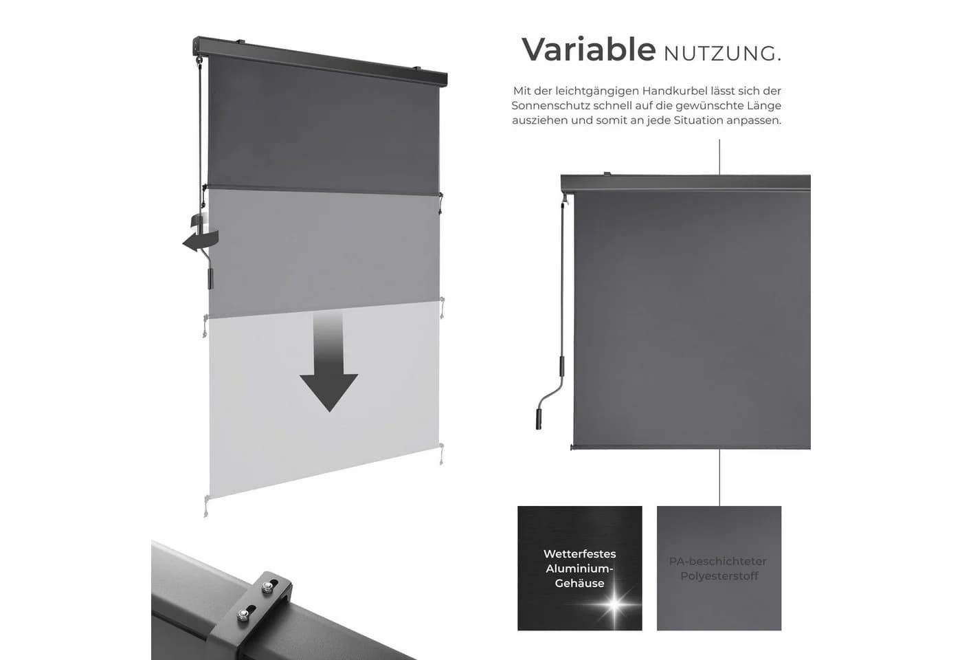 tectake Senkrechtmarkise Eloise mit Kurbel und Wandhaltern Grau - Bild 3