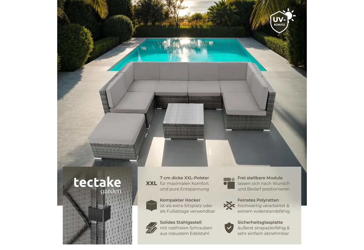 tectake Loungeset Rattan Lounge 8-tlg. Grau mit Kissen