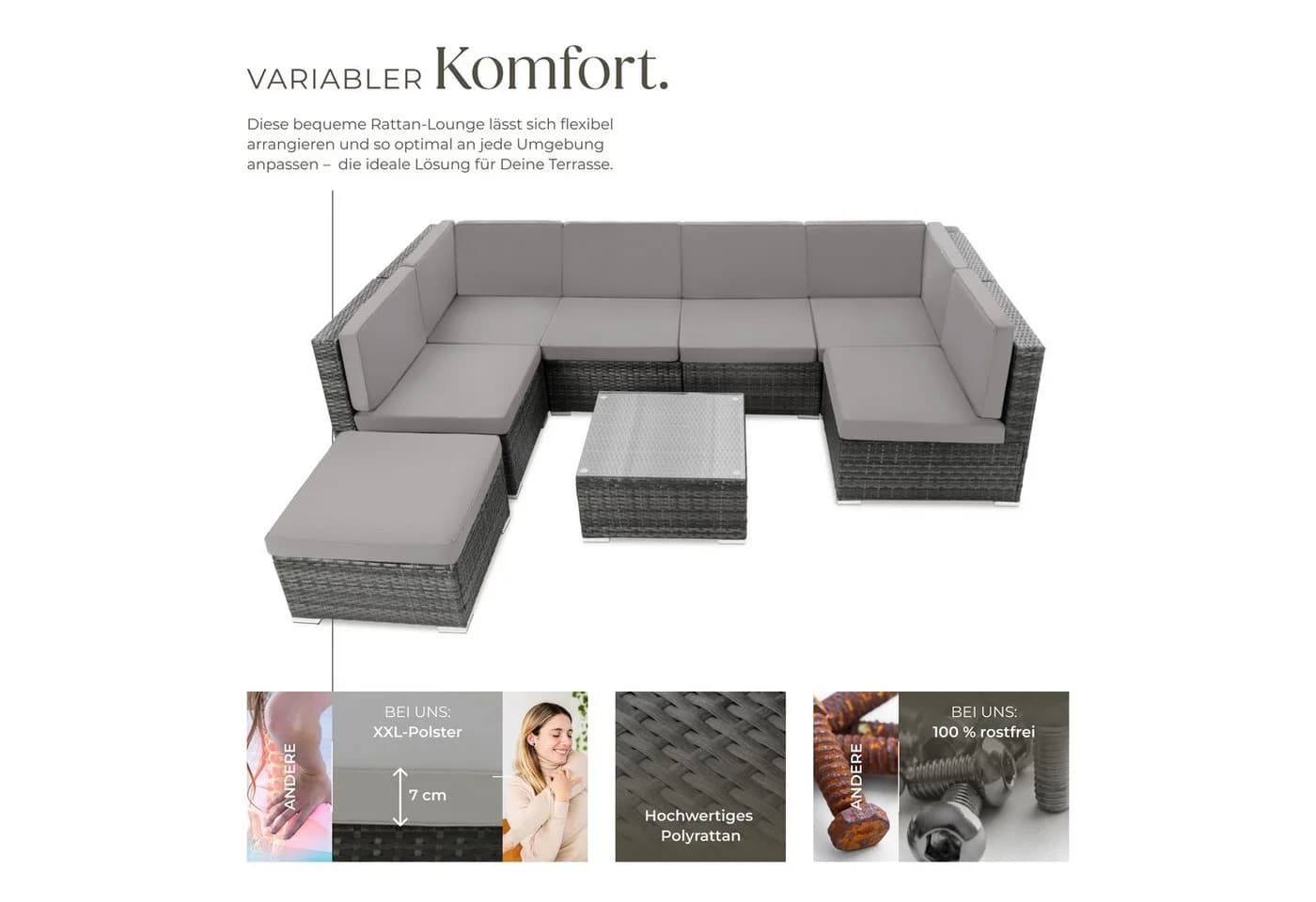tectake Loungeset Rattan Lounge 8-tlg. Grau mit Kissen - Bild 3