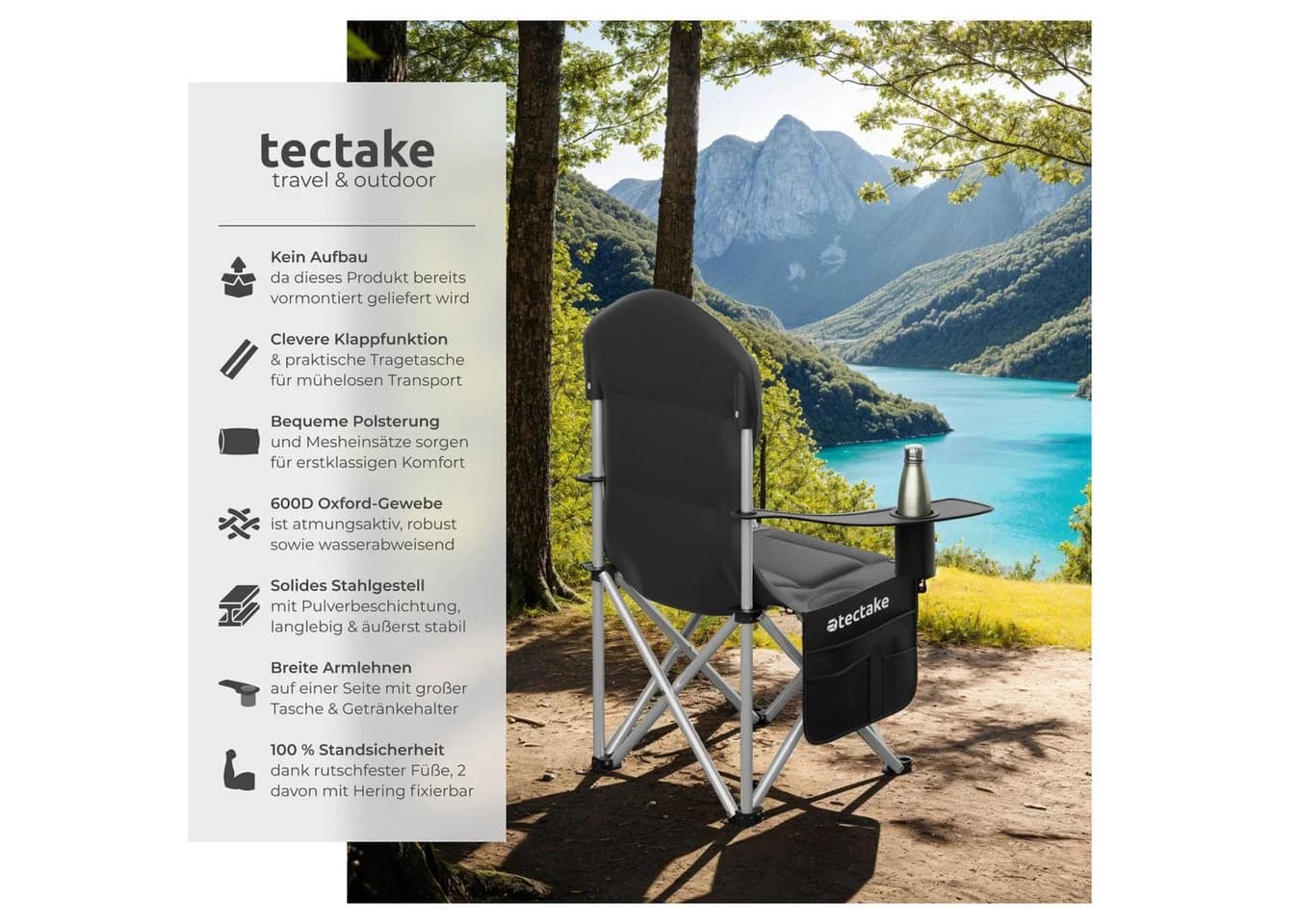 tectake Campingstuhl Gepolstert Schwarz 2er Set Faltbar