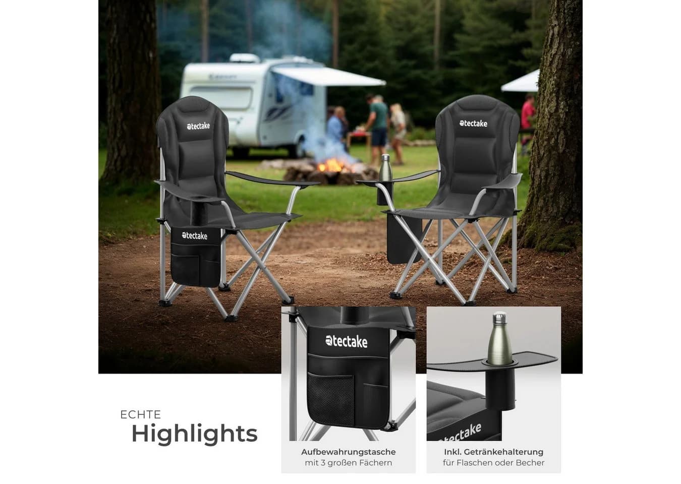tectake Campingstuhl Gepolstert Schwarz 2er Set Faltbar - Bild 4