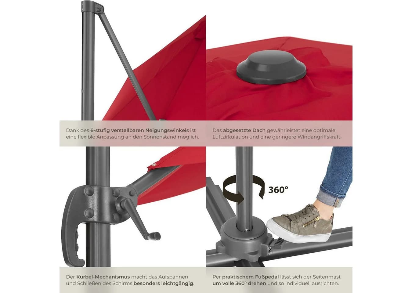 TECTAKE Ampelschirm Daria Weinrot mit Winddach & Fußpedal - Bild 4
