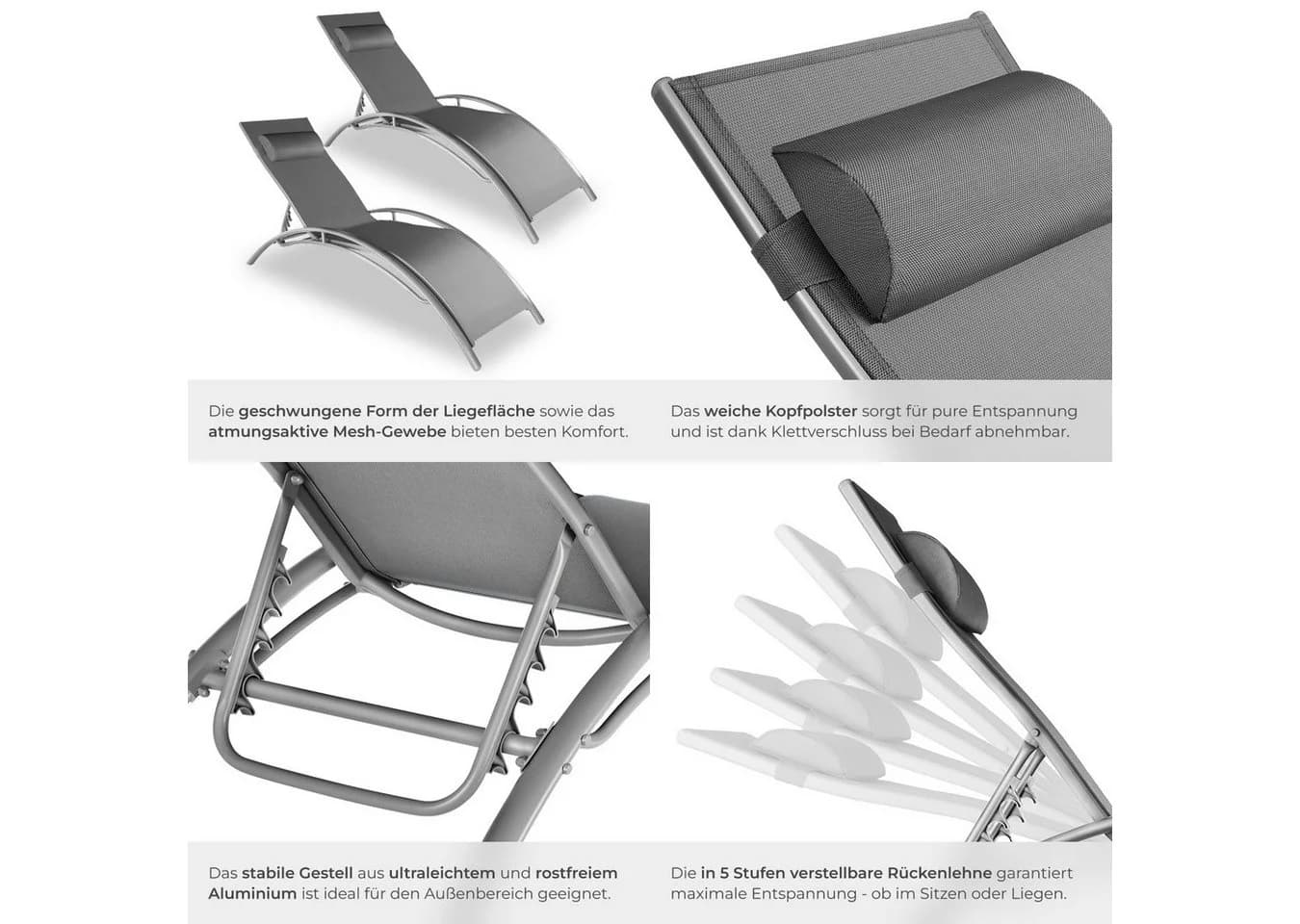tectake Gartenliege Aluminium Sonnenliege Grau 180x59x50cm - Bild 5