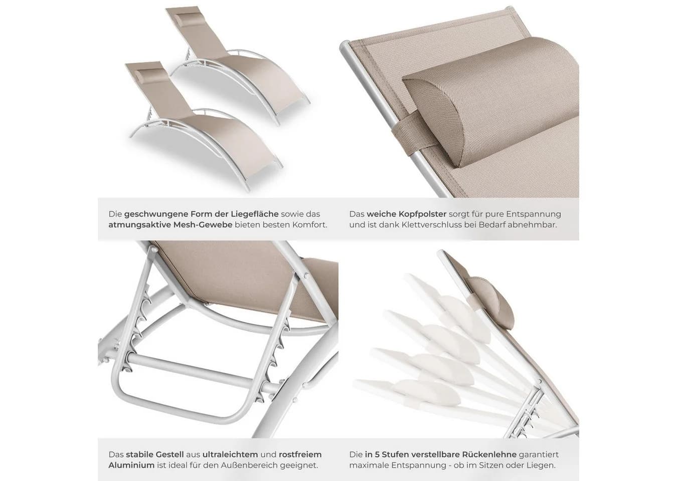 tectake Gartenliege Aluminium Sonnenliege Beige 2 St. - Bild 5