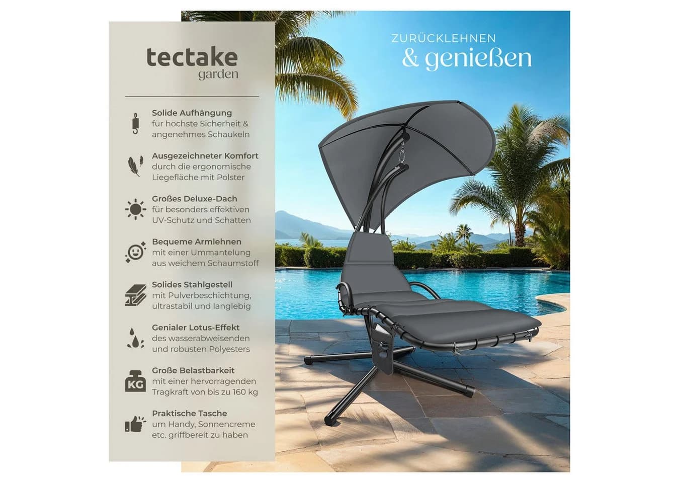 Tectake Hängeliege Elaria mit Sonnendach UV-Schutz