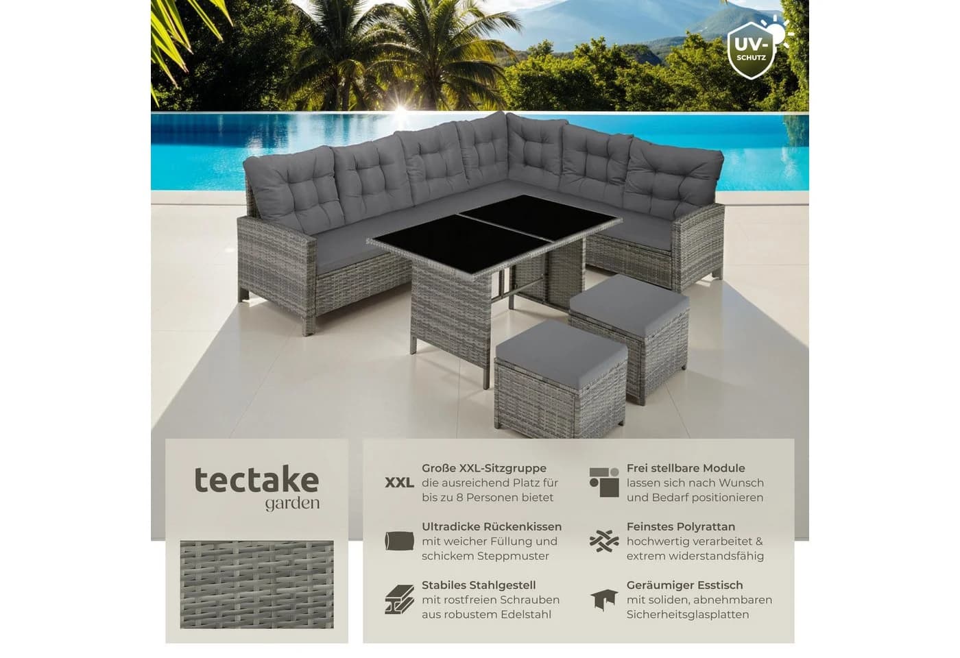 Tectake Loungeset Rattan Lounge 6-tlg. Grau