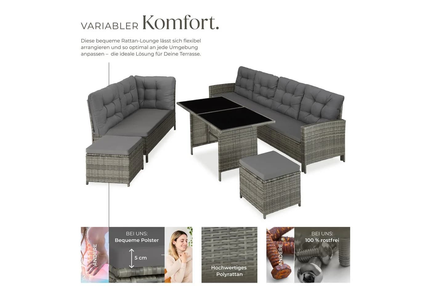 Tectake Loungeset Rattan Lounge 6-tlg. Grau - Bild 3