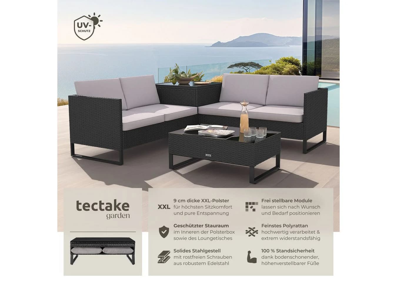 tectake Rattan Sitzgruppe 4 Personen Set, Stabiles Stahlgestell