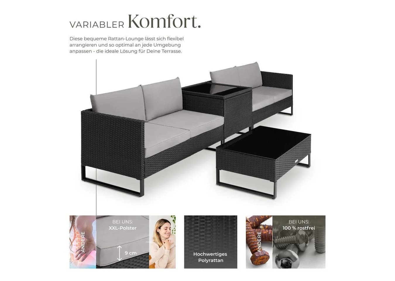 tectake Rattan Sitzgruppe 4 Personen Set, Stabiles Stahlgestell - Bild 3