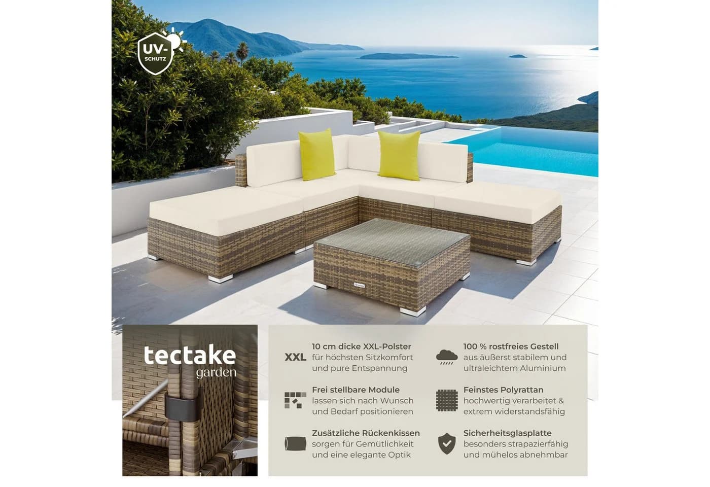 tectake Loungeset Rattan Sitzgruppe 6-tlg. Gartenlounge Paris