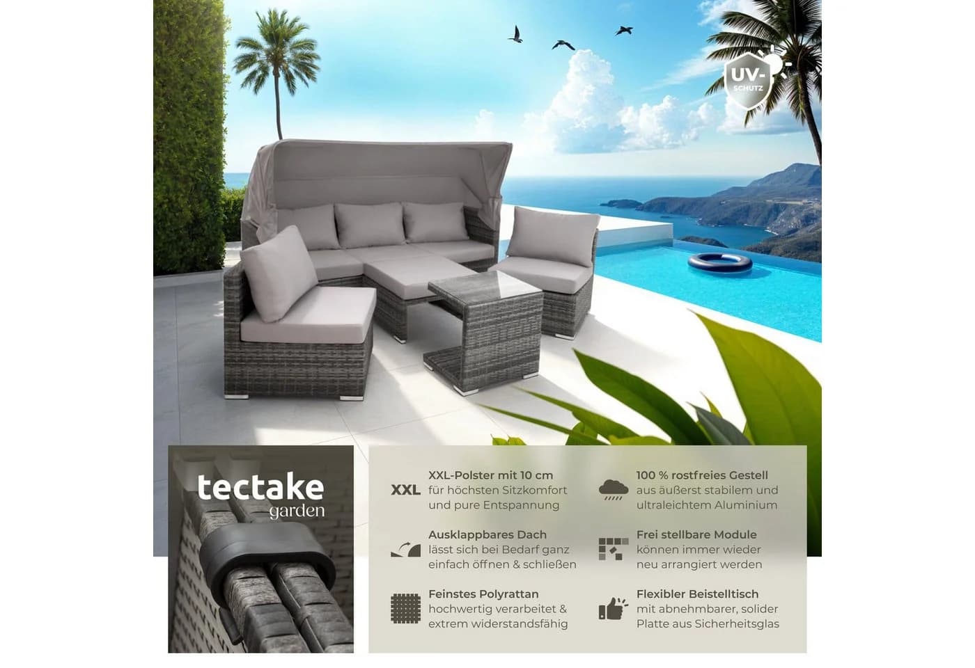 tectake Gartenlounge San Marino 7-tlg. Grau Polyrattan Aluminium