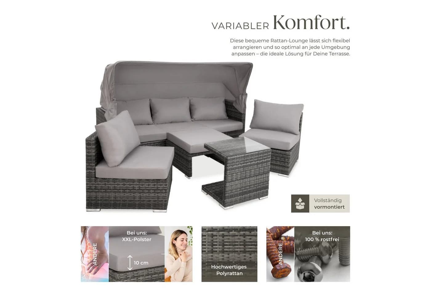 tectake Gartenlounge San Marino 7-tlg. Grau Polyrattan Aluminium - Bild 3