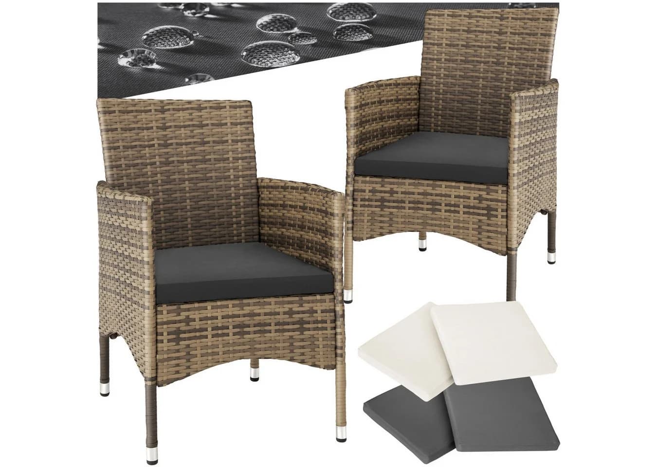 tectake Rattanstuhl 2er Set Rattan Polsterbezüge Beige/Grau - Bild 2