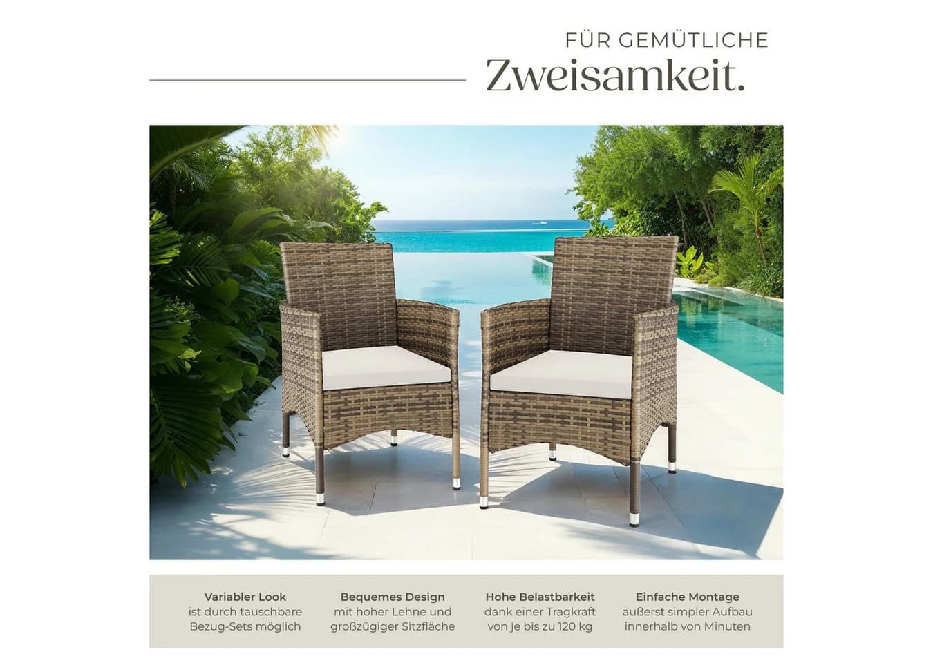 tectake Rattanstuhl 2er Set Rattan Polsterbezüge Beige/Grau - Bild 4