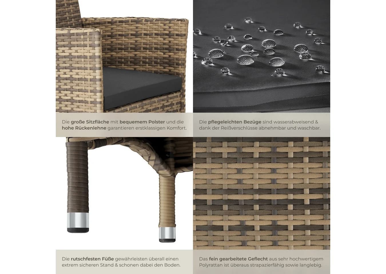 tectake Rattanstuhl 2er Set Rattan Polsterbezüge Beige/Grau - Bild 5