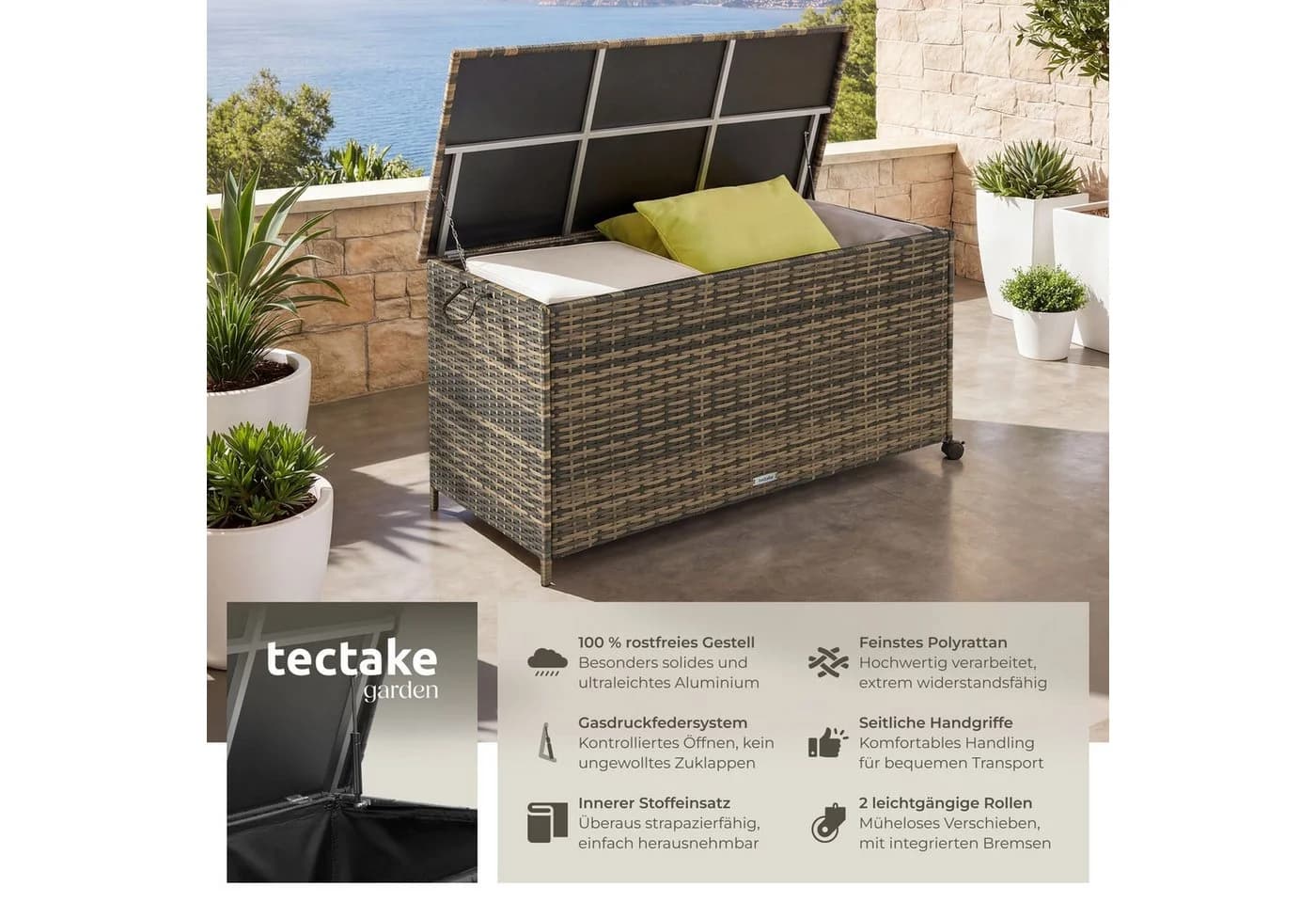 tectake Auflagenbox 253l mit Hubautomatik und Aluminiumgestell - Bild 2