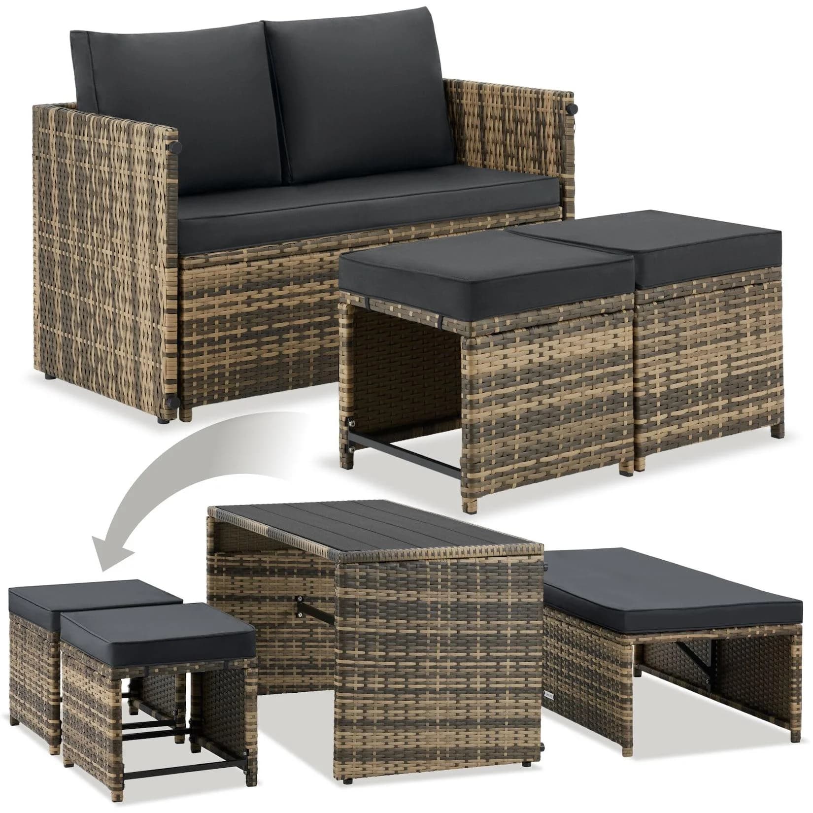 tectake 2-in-1 Rattanlounge Set Natur Schwarz mit Tisch