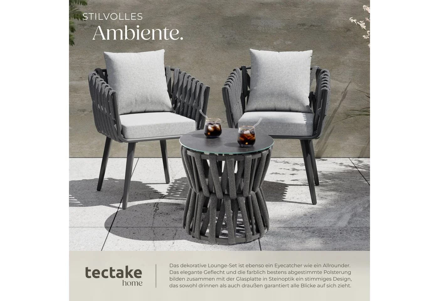 tectake Gartenlounge-Set 3-tlg. Anthrazit Aluminium mit Glasplatte - Bild 5