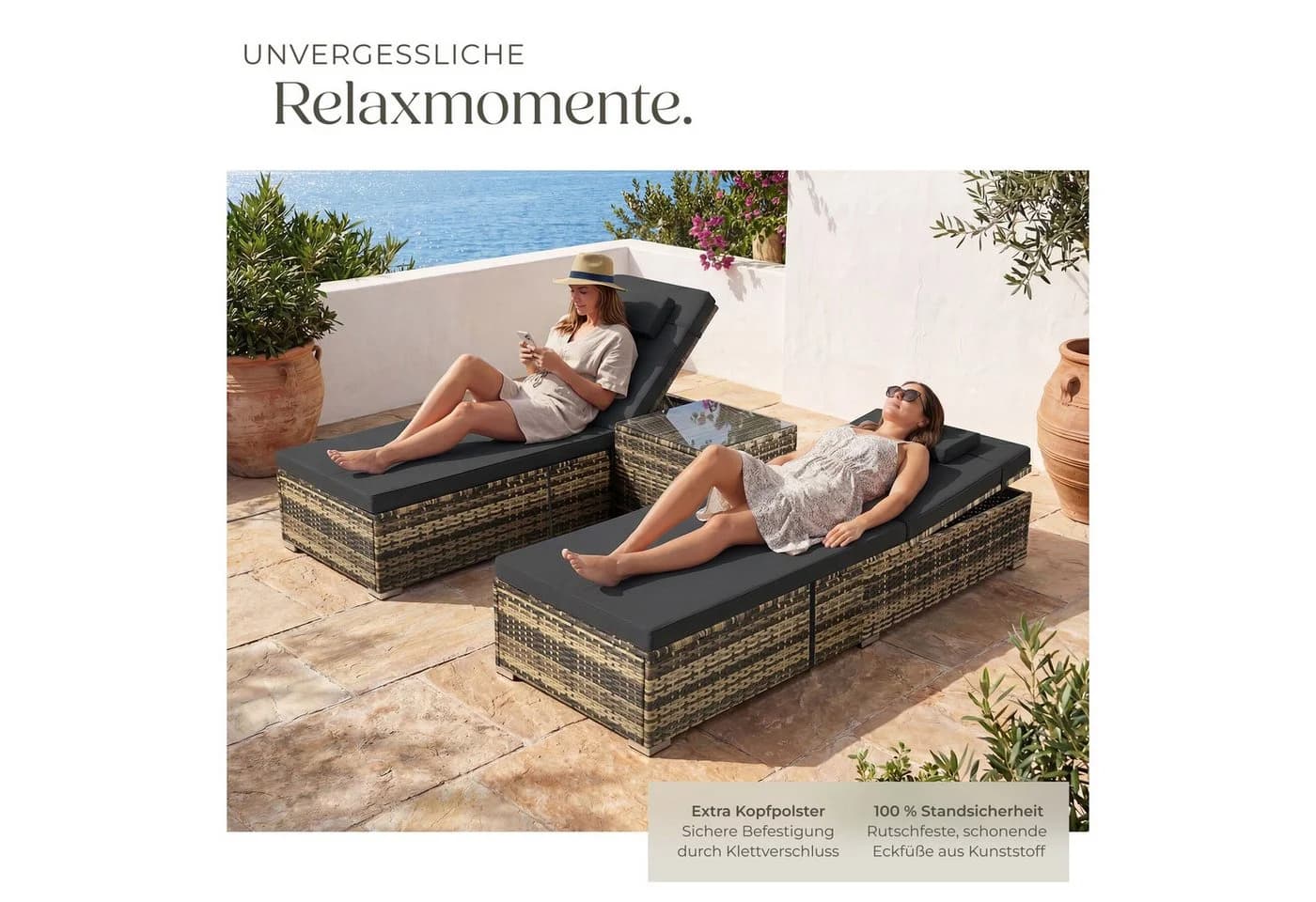 TECTAKE Rattan-Doppelliege Carbonera mit Tisch, verstellbar, beige - Bild 4