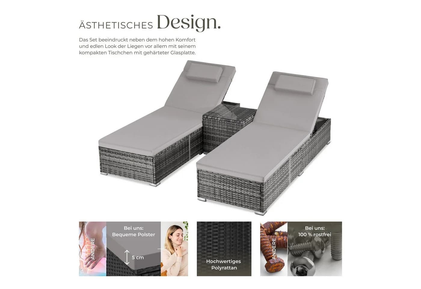 TECTAKE Rattan-Doppelliege Carbonera mit Tisch grau - Bild 3