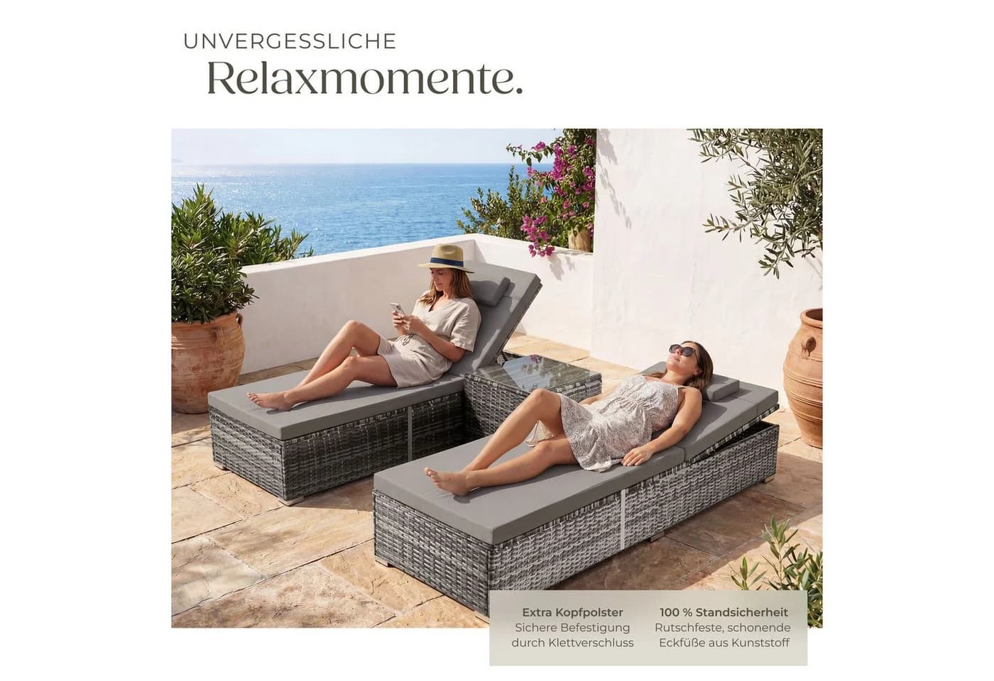 TECTAKE Rattan-Doppelliege Carbonera mit Tisch grau - Bild 4