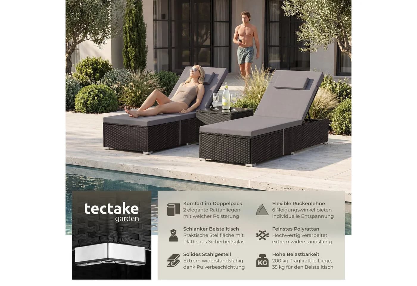 tectake Gartenliege Rattan-Doppelliege mit Tisch Schwarz