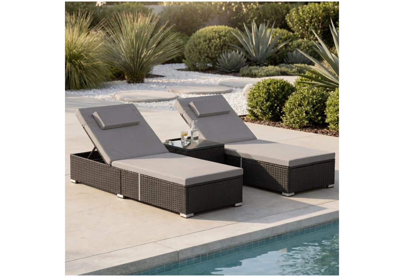 tectake Gartenliege Rattan-Doppelliege mit Tisch Schwarz - Bild 2