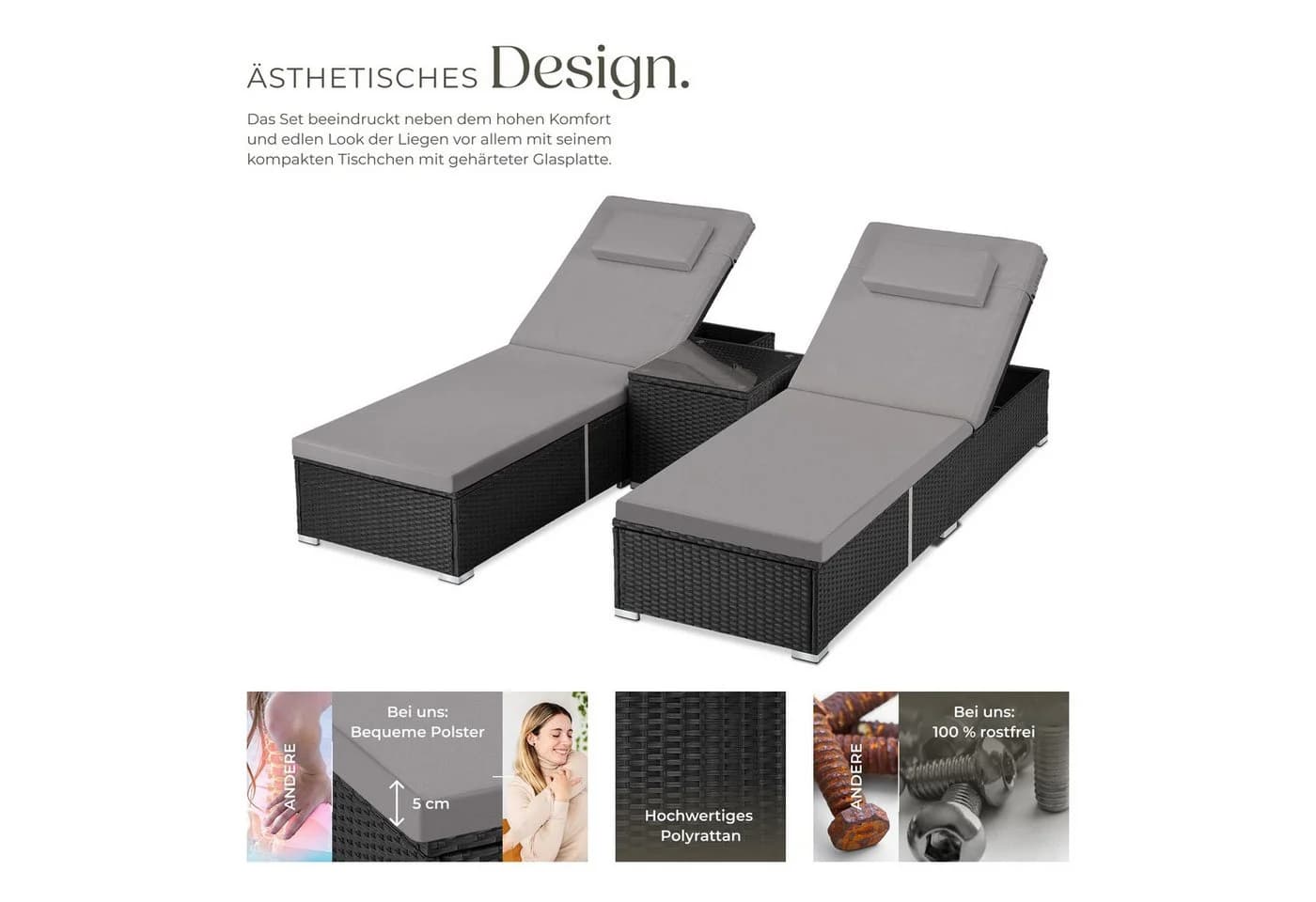 tectake Gartenliege Rattan-Doppelliege mit Tisch Schwarz - Bild 3