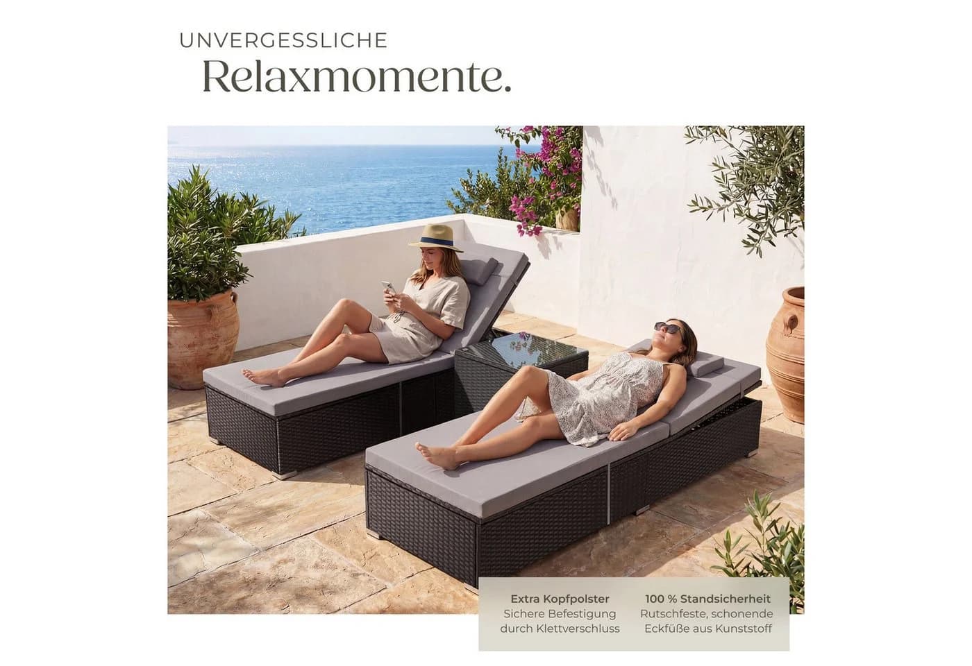 tectake Gartenliege Rattan-Doppelliege mit Tisch Schwarz - Bild 4