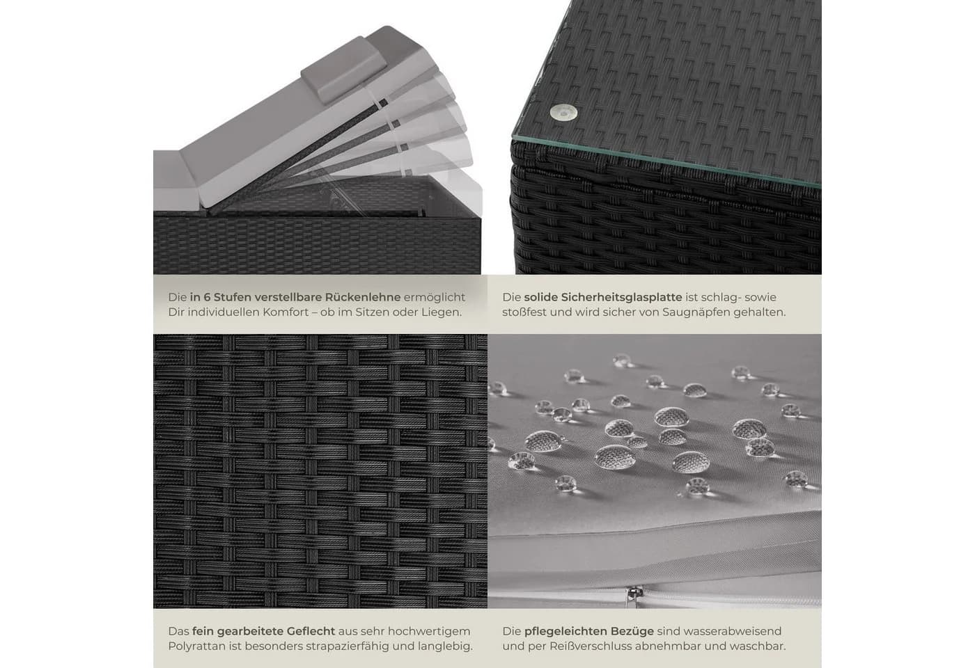 tectake Gartenliege Rattan-Doppelliege mit Tisch Schwarz - Bild 5
