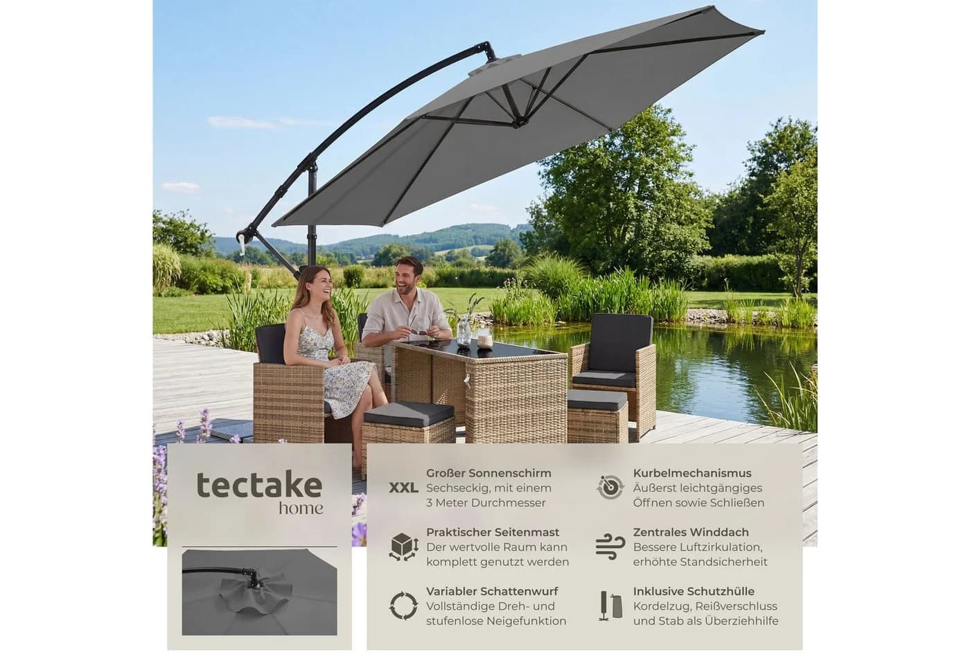 TECTAKE Ampelschirm Artemis Grau 3x3m mit Doppeldach - Bild 2