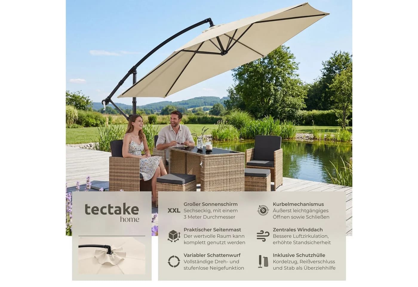 tectake Ampelschirm 3x3m 360° drehbar Kurbelmechanismus - Bild 2