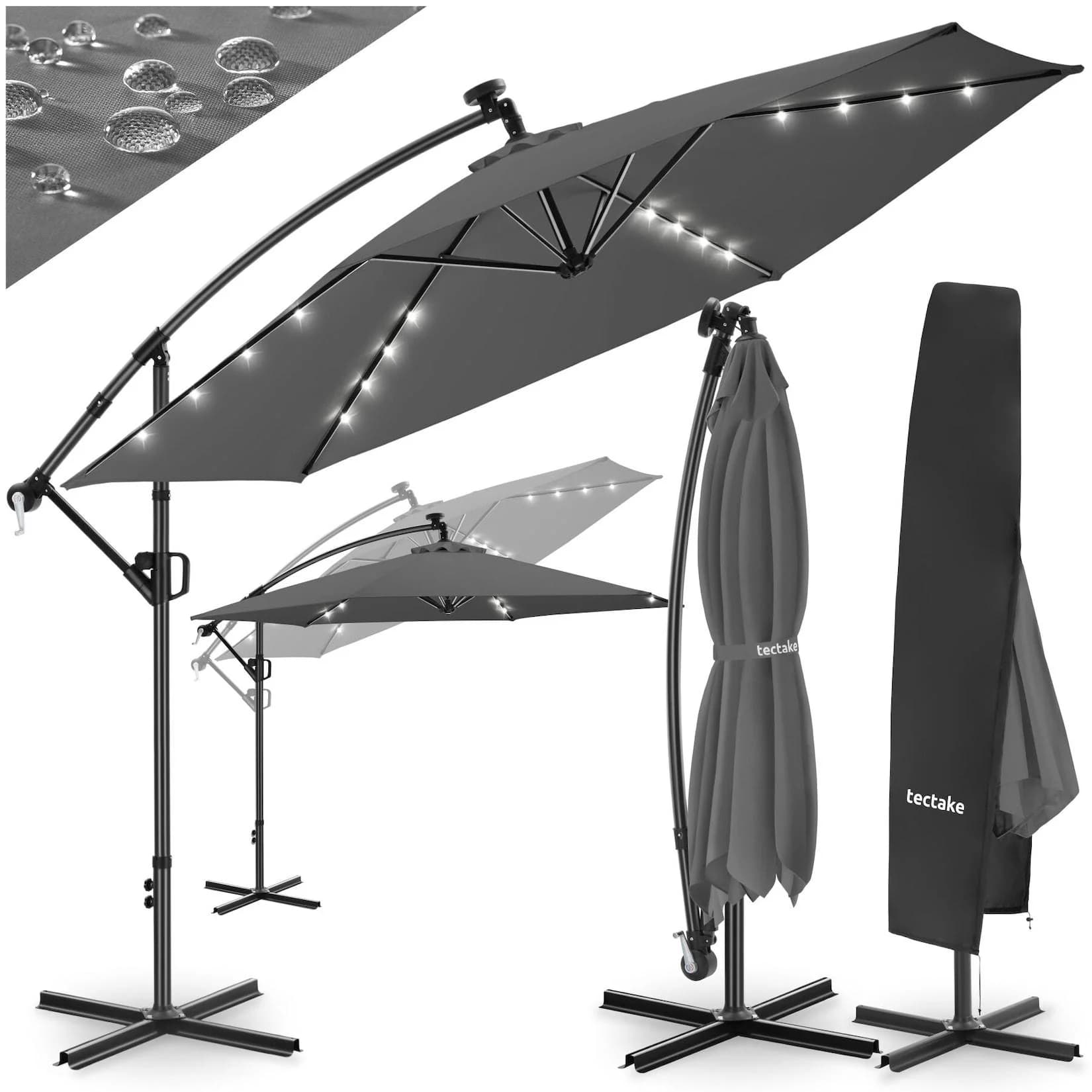 TecTake Ampelschirm 3,5x3,5m mit LED Solar-Beleuchtung & Kurbel