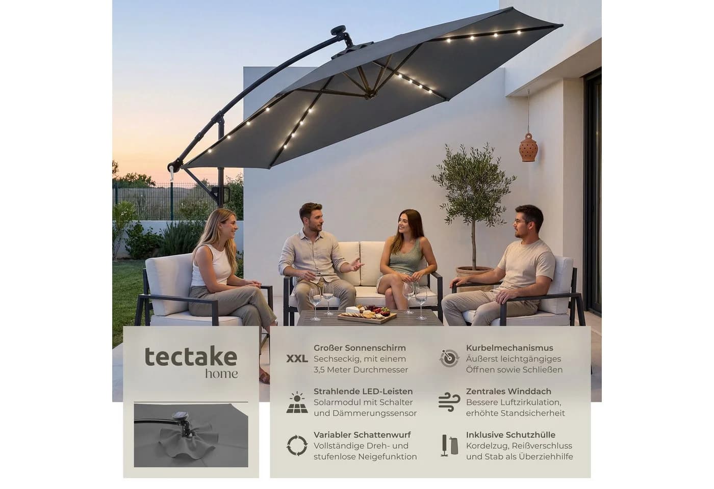 TecTake Ampelschirm 3,5x3,5m mit LED Solar-Beleuchtung & Kurbel - Bild 2