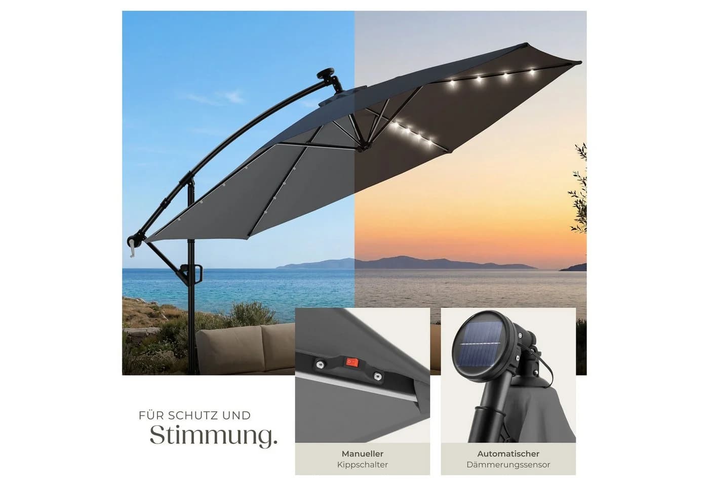 TecTake Ampelschirm 3,5x3,5m mit LED Solar-Beleuchtung & Kurbel - Bild 5