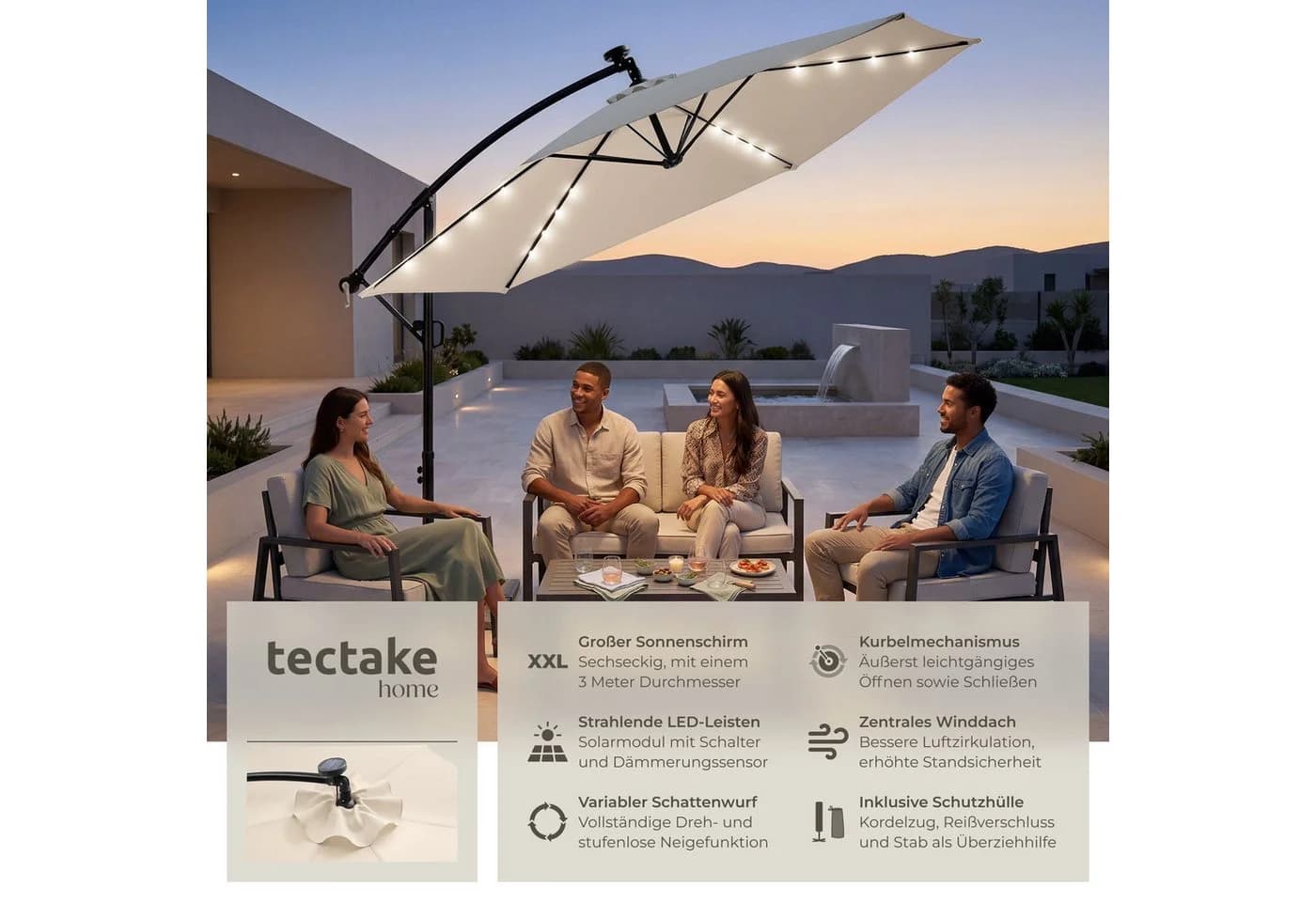 TECTAKE Ampelschirm Artemis Beige mit Solar-LED & Doppeldach - Bild 2