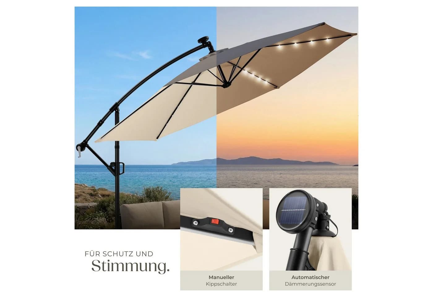 TECTAKE Ampelschirm Artemis Beige mit Solar-LED & Doppeldach - Bild 5