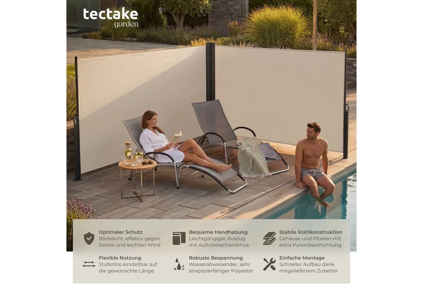 tectake Doppel-Seitenmarkise Beige Automatischer Aufrollmechanismus