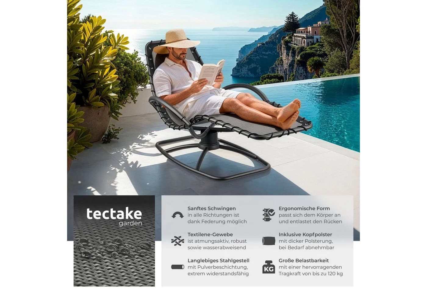 tectake Gartenliege Sonnenliege Toulon Ergonomisch mit sanfter Schwingfunktion 2er Set - Bild 2