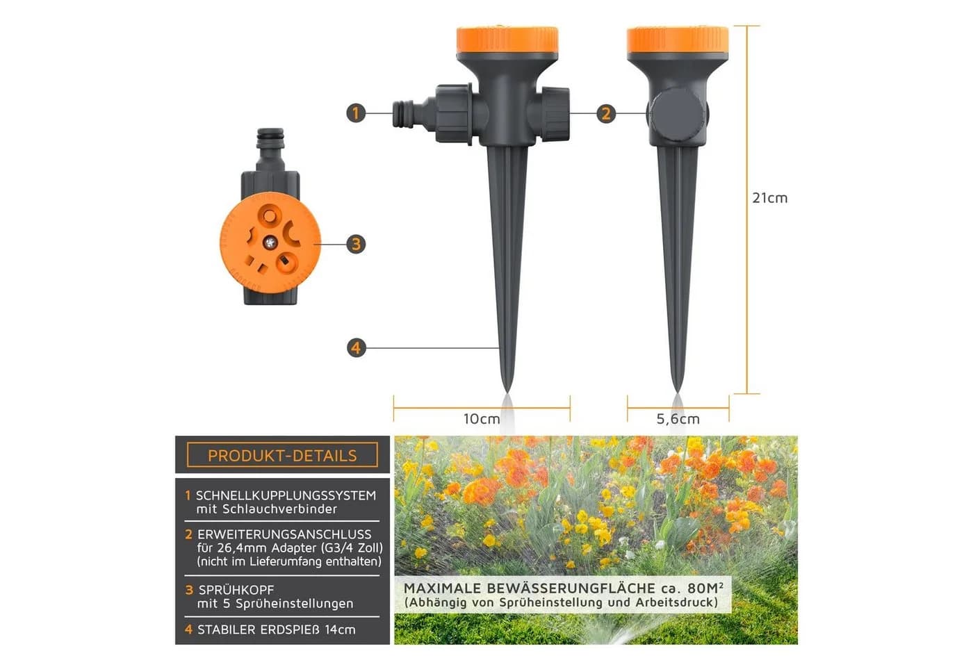 Brandson Versenkregner 5-Fach Rasensprenger Orange-Grau